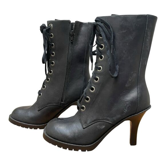 Chinese Laundry 3.5 Heeled Boots Oracle Leather Black Zip Mid Calf Combat Sz 7.5 - Picture 1 of 8